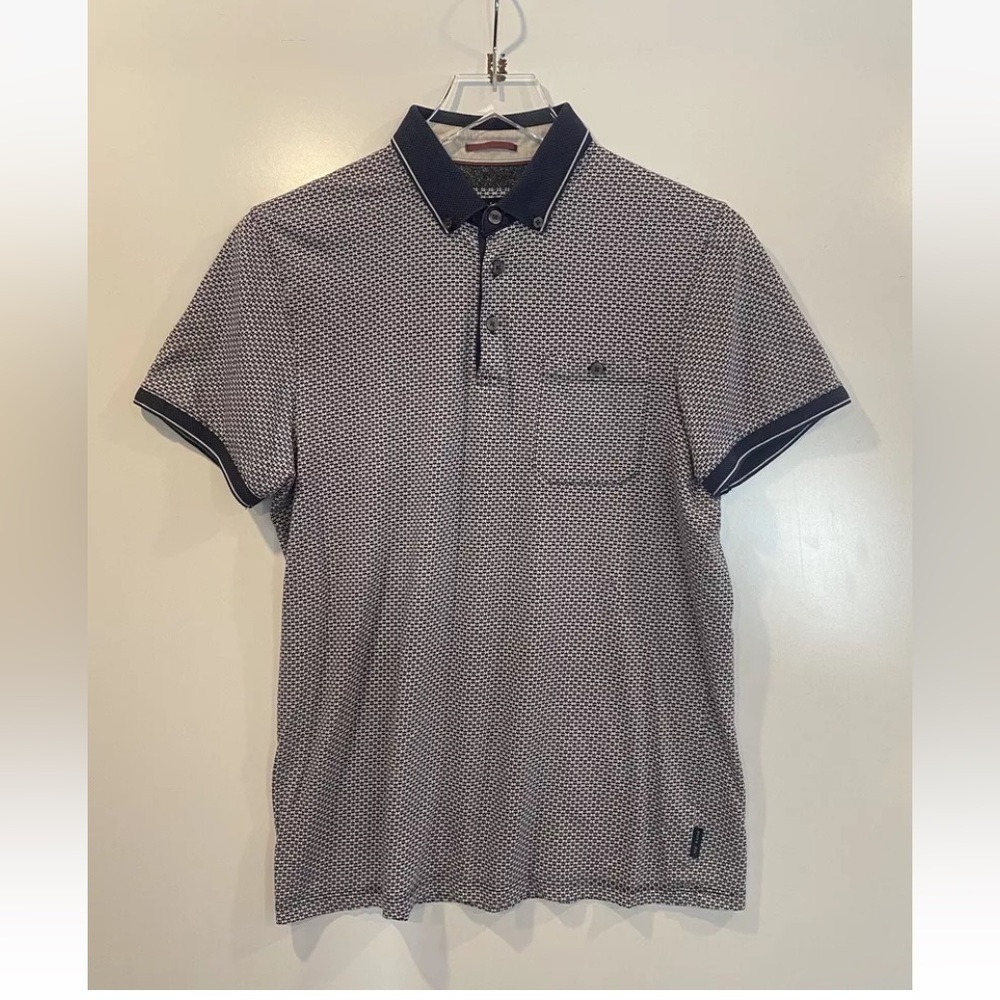 Ted Baker London Blue White Geometric Print‎ Polo Shirt Mens 3 Medium (977)